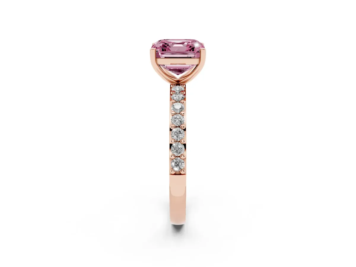 Fancy Pink Asscher Cut Cut Diamond Solitaire with Pave Band and Four-Prong Setting Rose gold