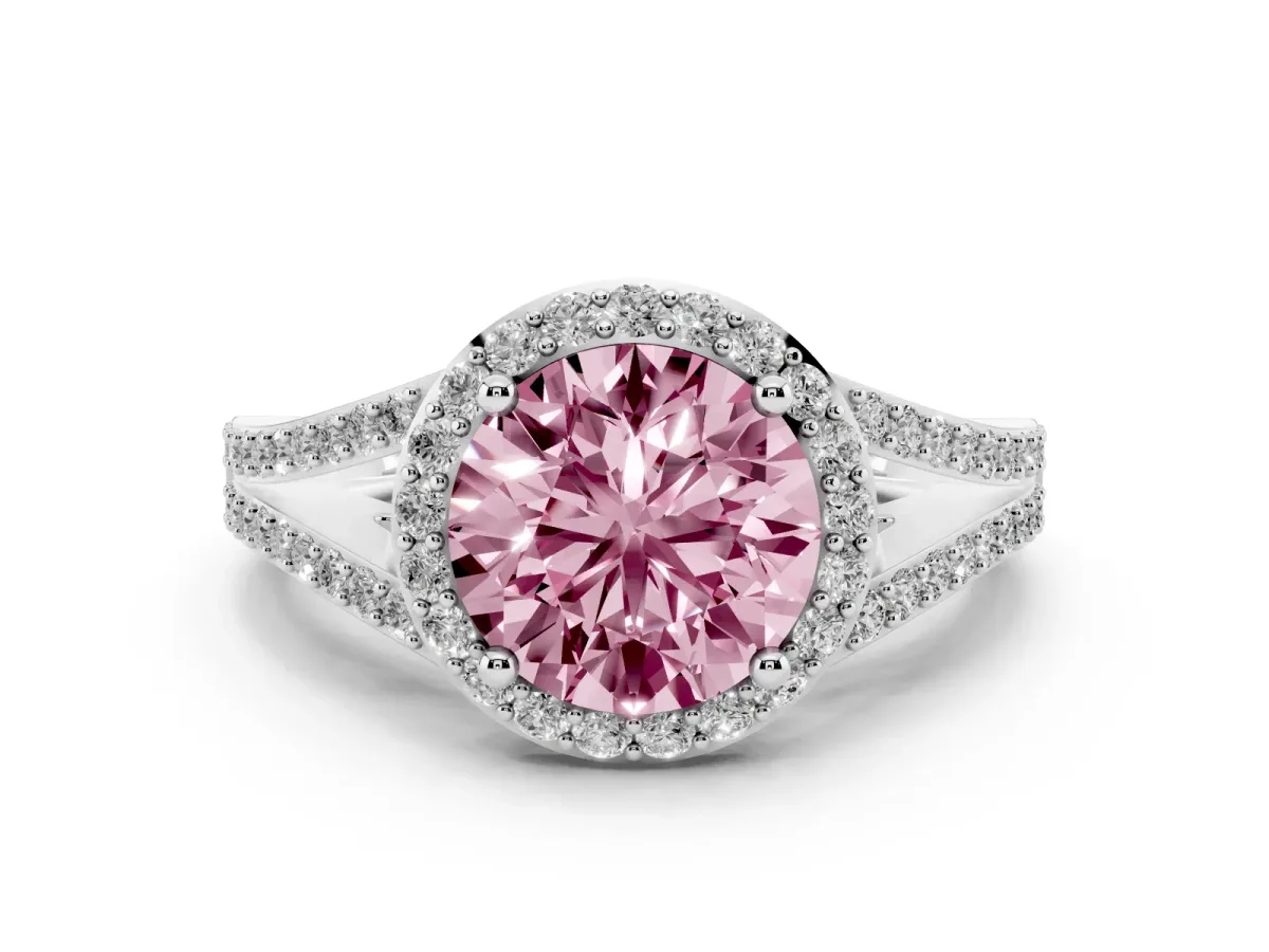 Fancy Pink Round Cut Halo Split Shank Diamond Ring with Prong Setting Silver