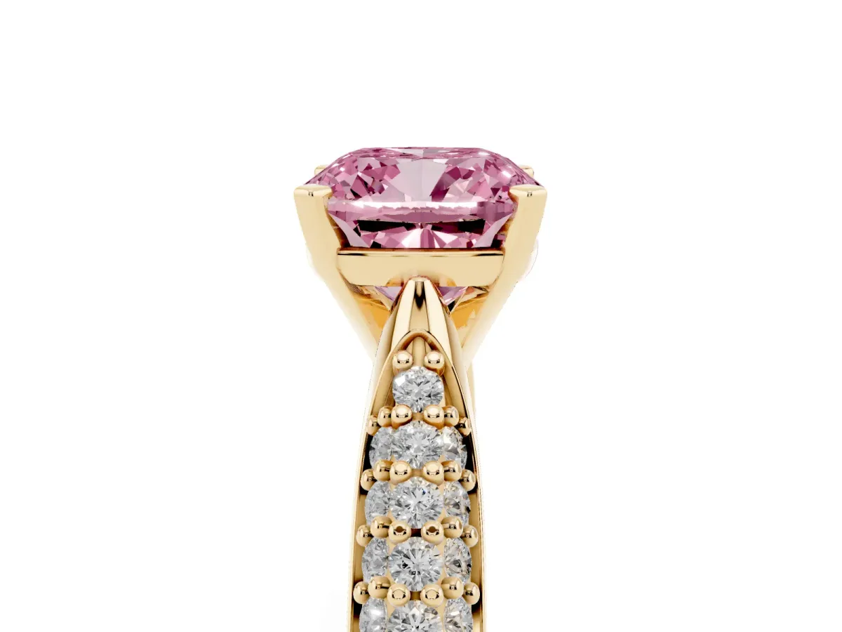 Fancy Pink Cushion Cut Diamond Solitaire Engagement Ring with Multi-Row Round Pavé Band and Prong Setting Yellow gold