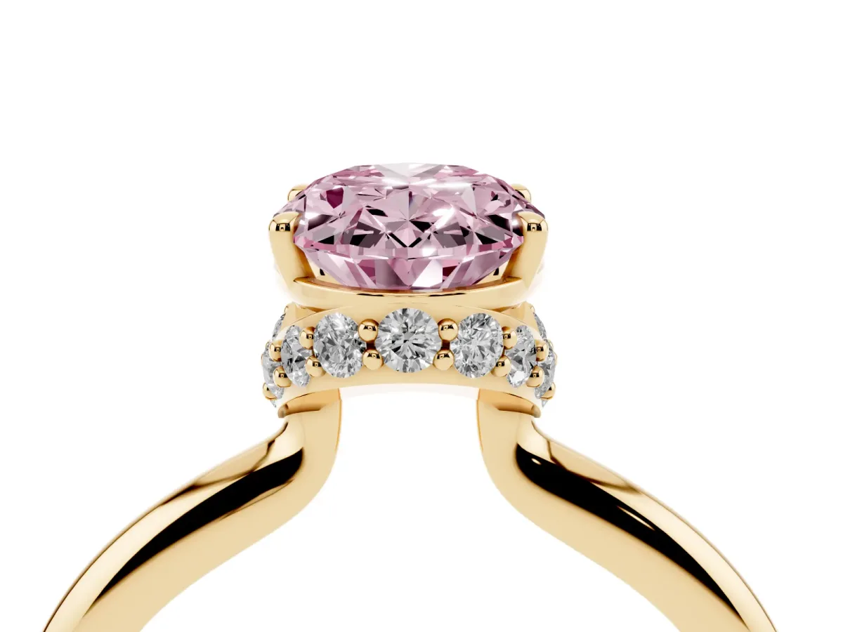 Fancy Pink Oval Cut Brilliant Solitaire Engagement Ring with Six-Prong Setting and Classic Band Yellow gold