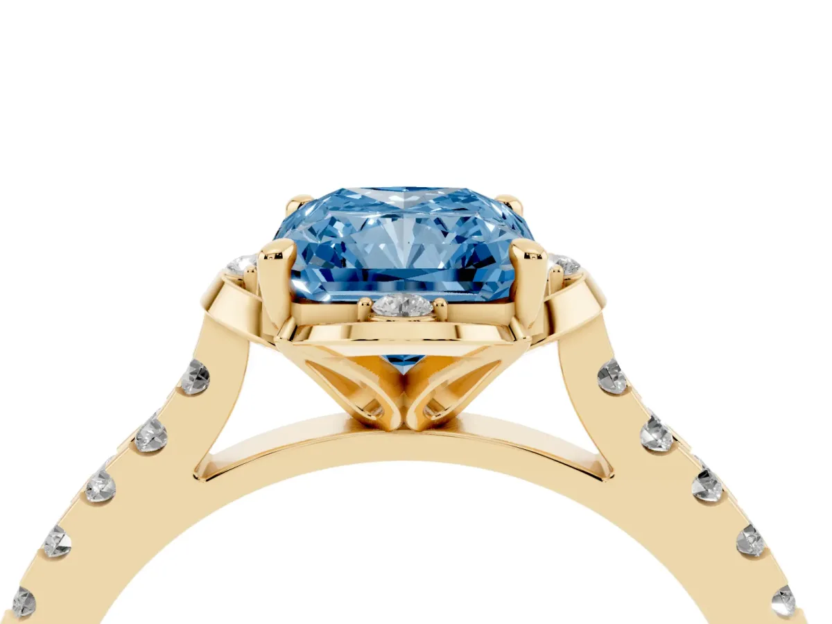Fancy Blue Radiant Cut Diamond Ring with Pavé Band and Floral Prong Setting Yellow gold