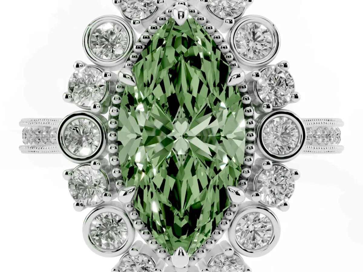 Fancy Green Marquise Cut Halo Milgrain Pave Diamond Ring with Four-Prong Setting White gold