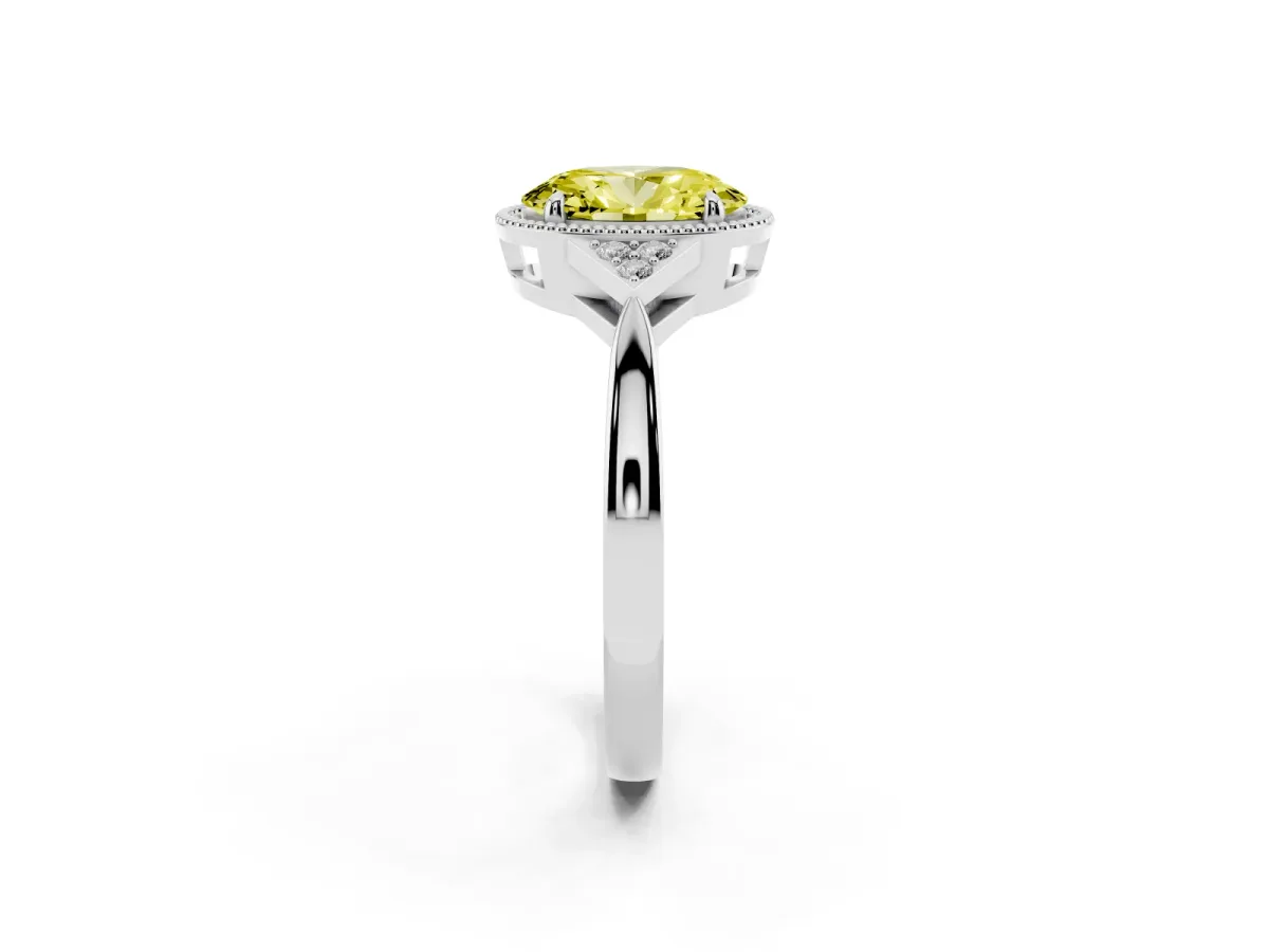 Fancy Yellow Oval Cut Diamond Halo Ring with Tapered Band and Four-Prong Setting Platinum