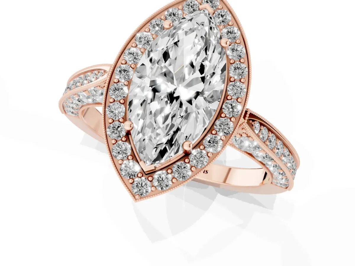 Marquise Cut Halo Diamond Engagement Ring with Split Shank Band and Four-Prong Setting Rose gold