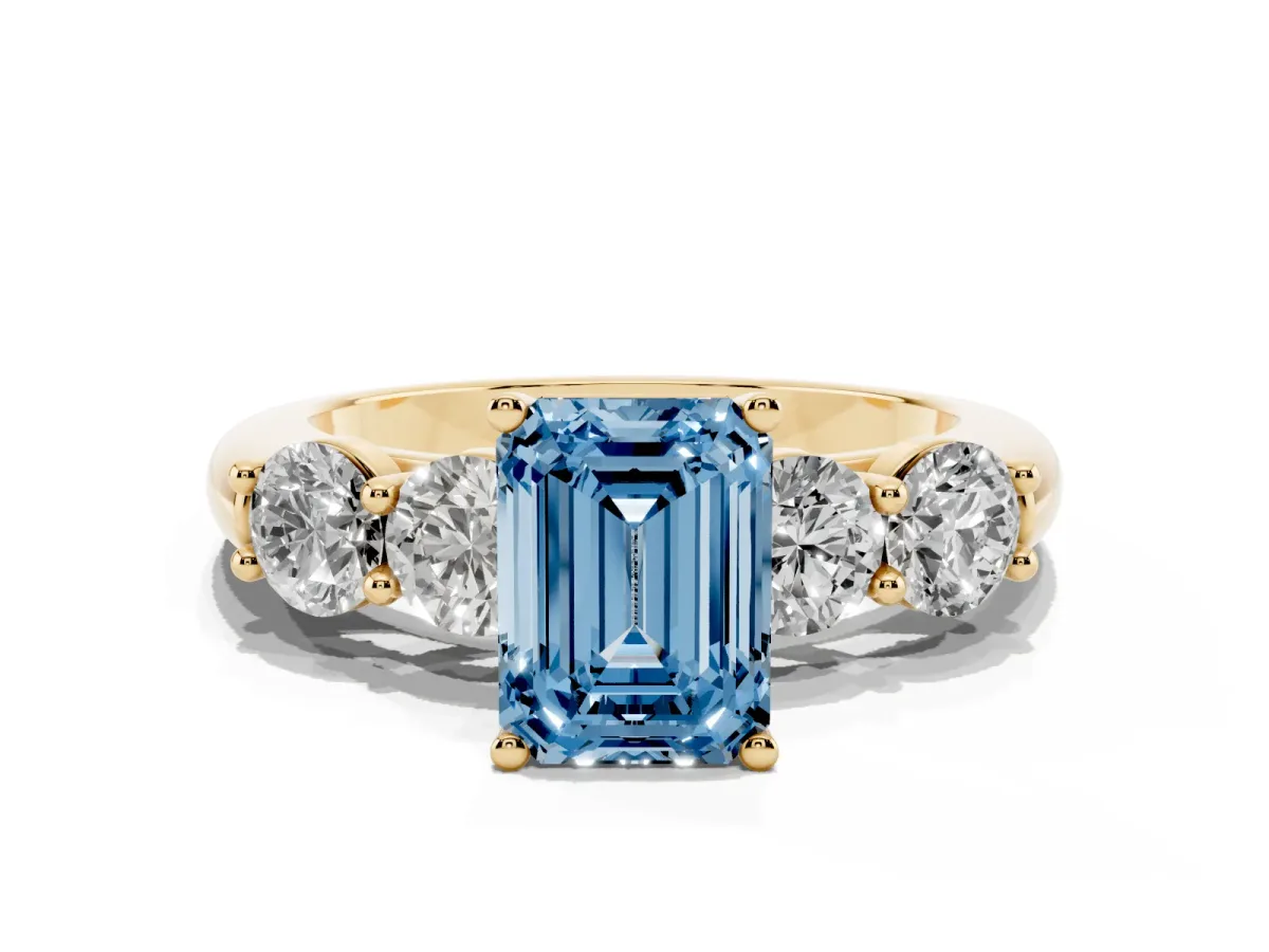 Fancy Blue Emerald Cut Cut Five-Stone Prong Set Diamond Ring with Classic Band Yellow gold