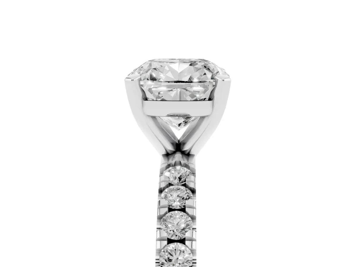 Cushion Cut Diamond Pavé Band Solitaire with Four-Prong Setting Platinum