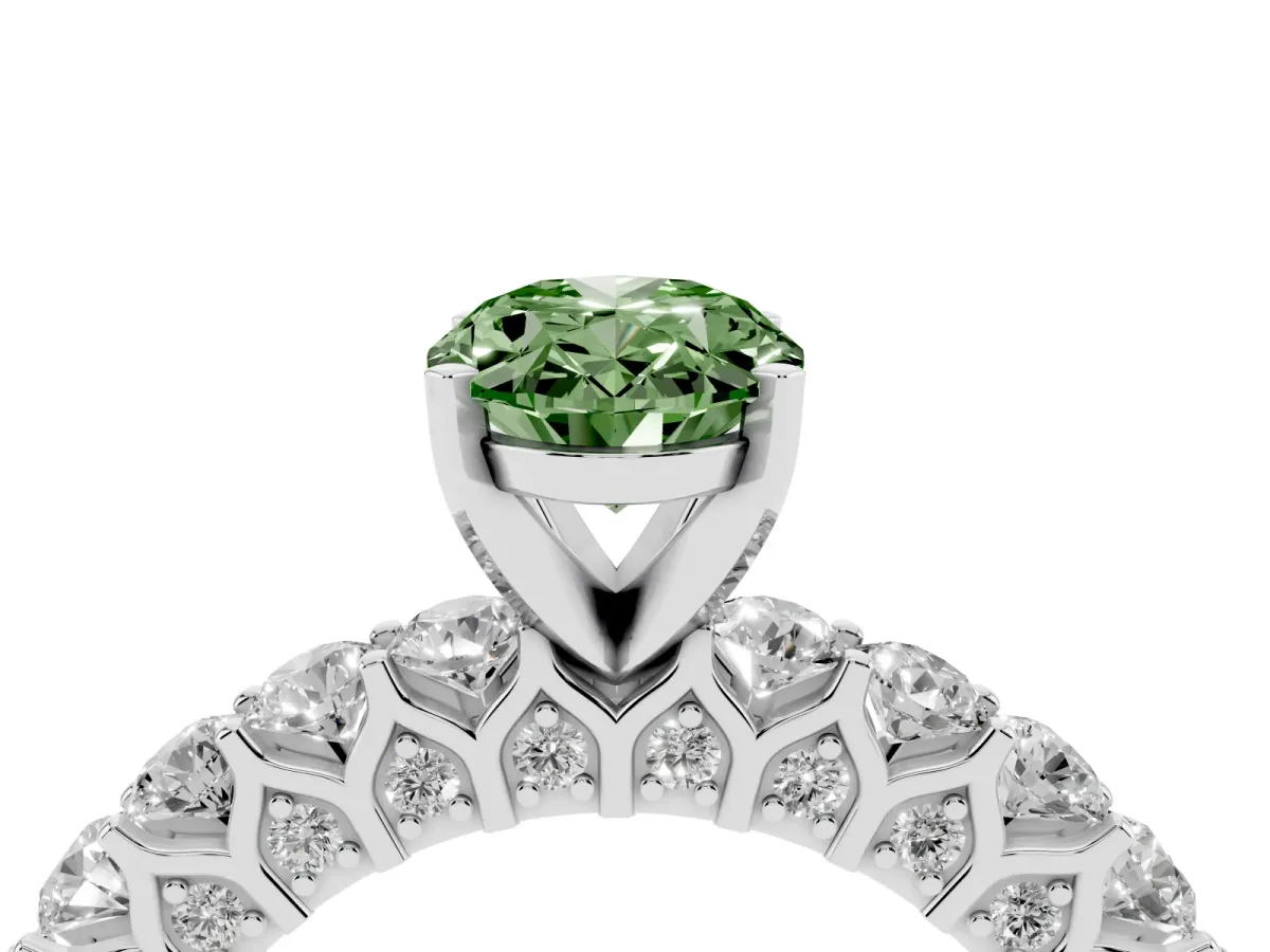 Fancy Green Oval Cut Diamond Solitaire Ring with Shared Prong Pavé Band and Four-Prong Setting Silver