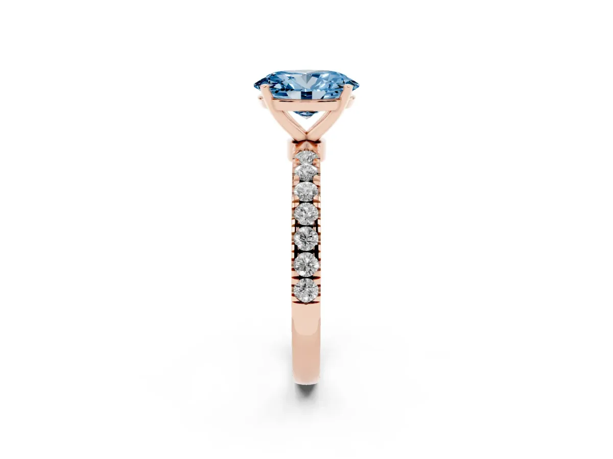 Fancy Blue Oval Cut Diamond Solitaire Ring with Pavé Accents and Four-Prong Setting Rose gold