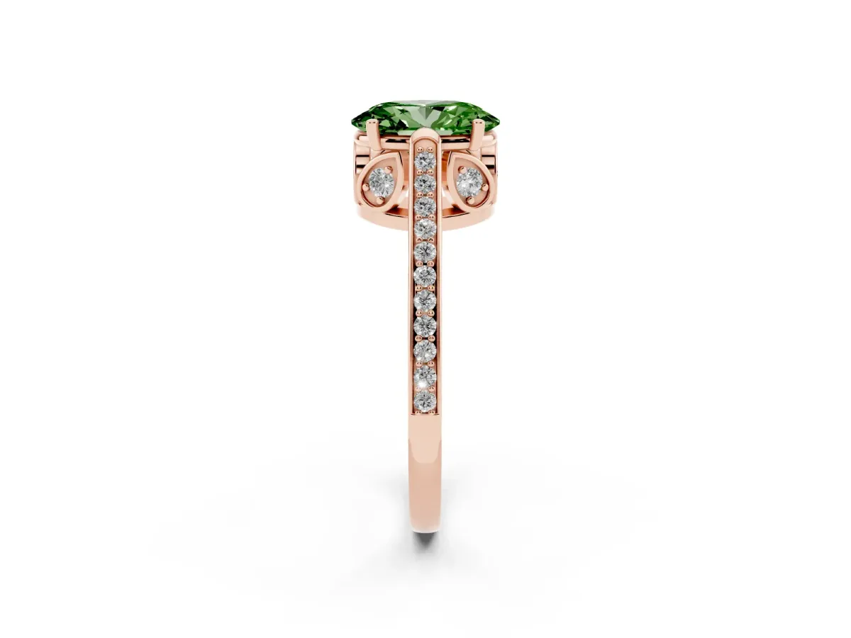 Fancy Green Oval Cut Cut Cathedral Pave Diamond Engagement Ring with Six-Prong Setting Rose gold