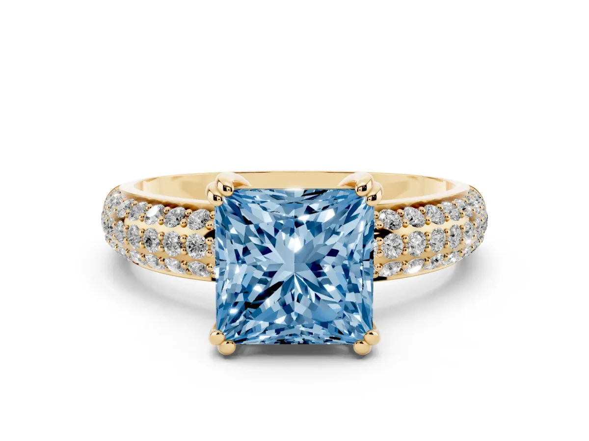 Fancy Blue Princess Cut Diamond Solitaire Ring with Multi-Row Round Pavé Band and Prong Setting Yellow gold