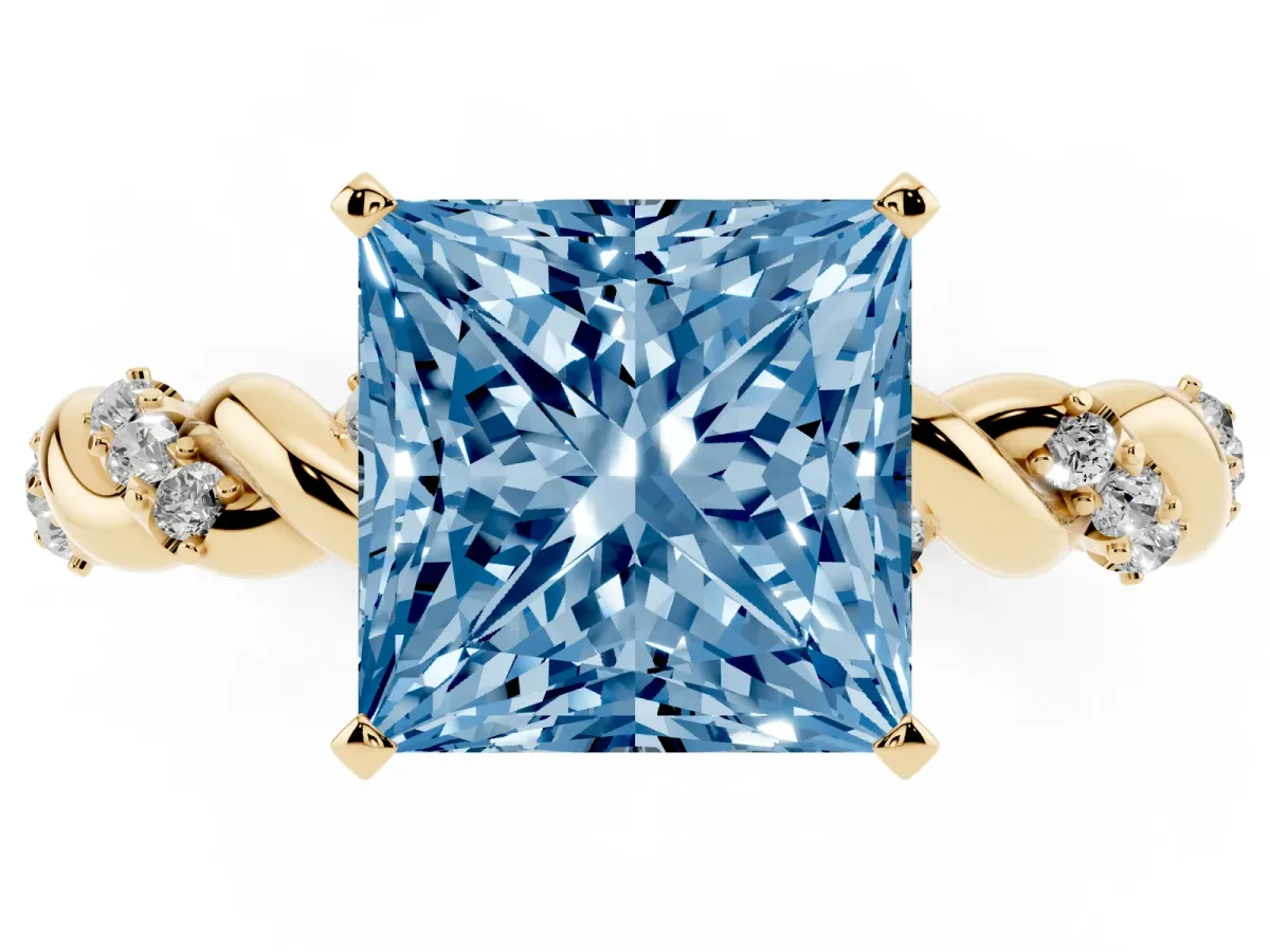 Fancy Blue Princess Cut Diamond Solitaire Ring with Twisted Band and Pavé Accents Yellow gold
