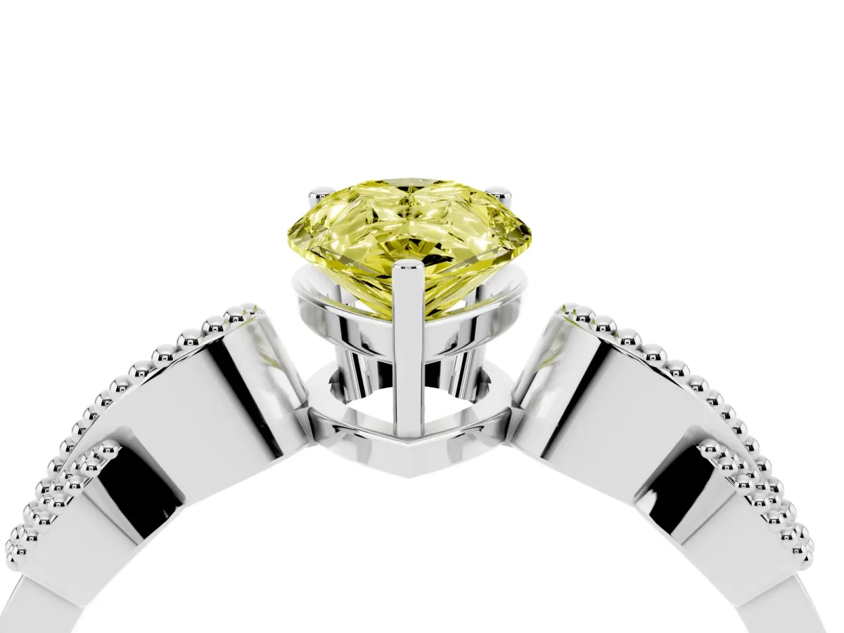 Fancy Yellow Pear Cut Solitaire Milgrain Leaf Band with Prong Setting White gold