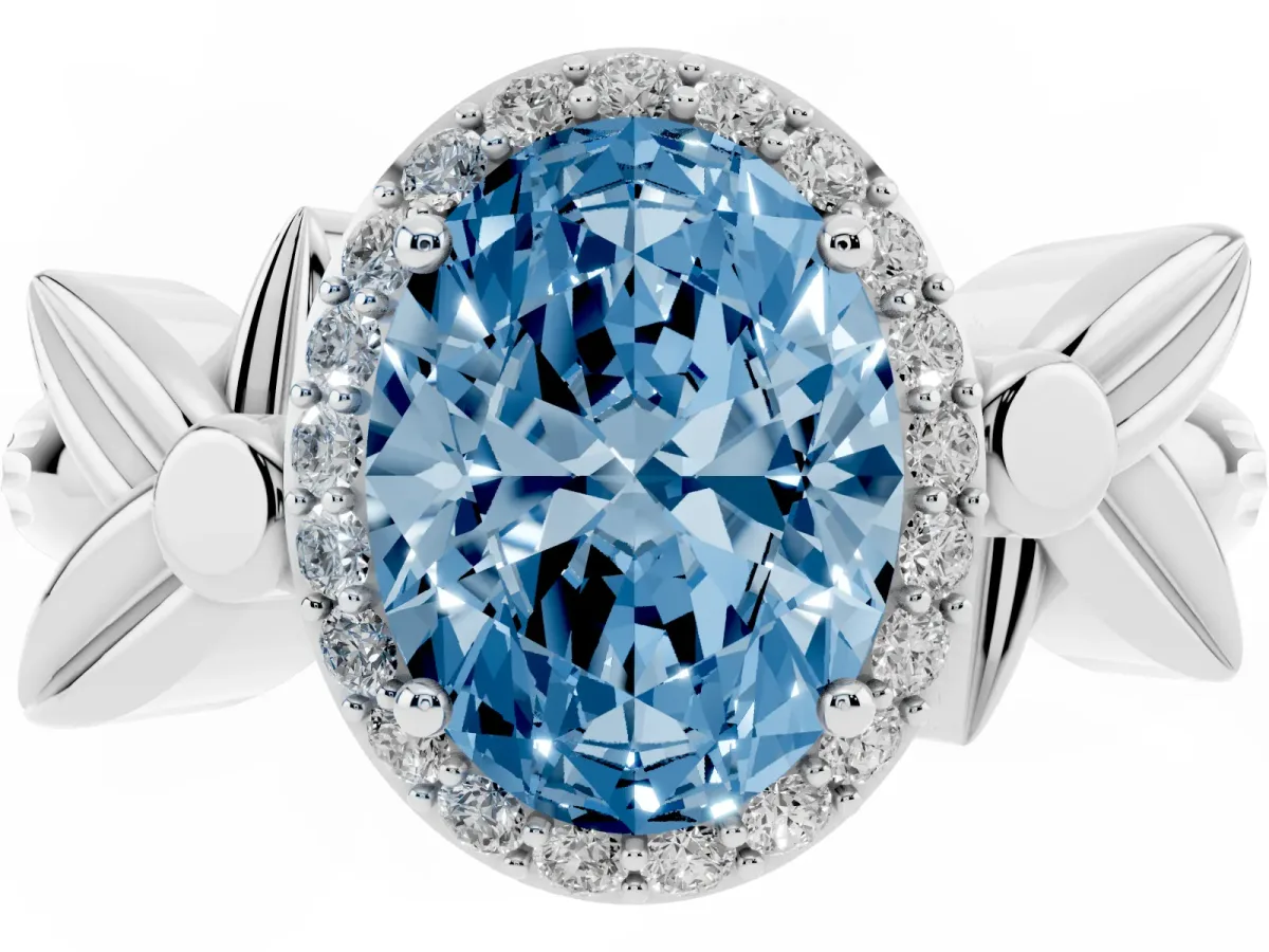 Fancy Blue Oval Cut Halo Diamond Floral Band with Four-Prong Setting Silver