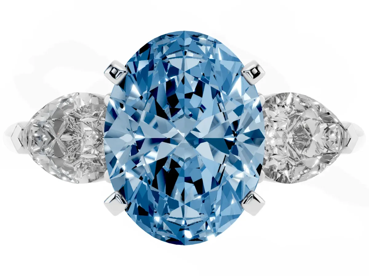 Fancy Blue Three-Stone Oval Cut Diamond Ring with Pear Side Stones and Four-Prong Setting Platinum