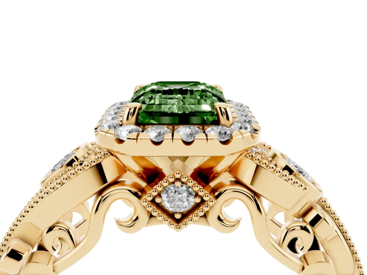 Fancy Green Emerald Cut Diamond Halo Ring with Milgrain Pavé Band and Four-Prong Setting Yellow gold