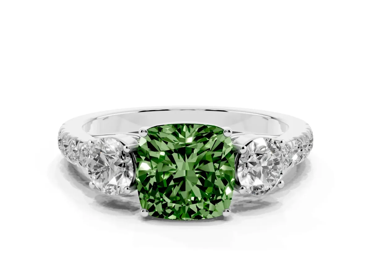 Fancy Green Cushion Cut Cut Diamond Three-Stone Ring with Round Side Stones and Pavé Band Silver
