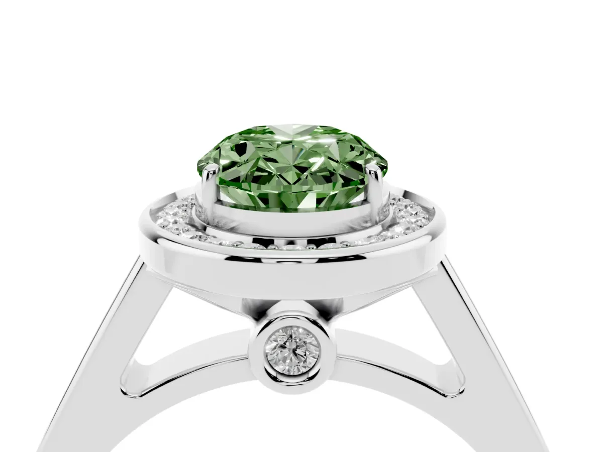 Fancy Green Oval Cut Halo Solitaire Diamond Ring with Pave Band and Bezel Setting Silver