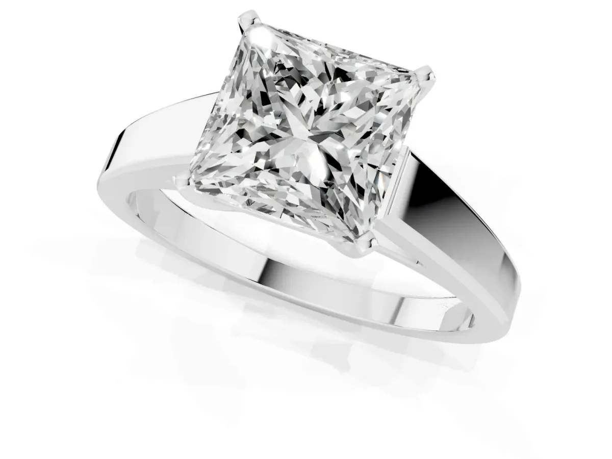 Princess Cut Solitaire Engagement Ring with Four-Prong Setting and Tapered Band Silver