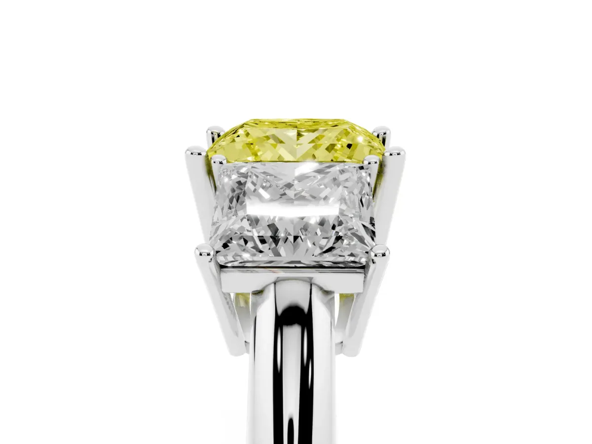 Fancy Yellow Three-Stone Princess Cut Cut Diamond Engagement Ring with Prong Setting on a White Gold Band White gold