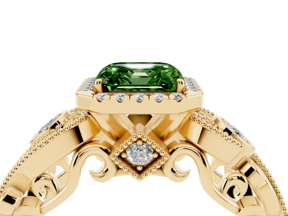 Fancy Green Asscher Cut Halo Diamond Ring with Milgrain and Bezel Accents on a Split Shank Band Yellow gold