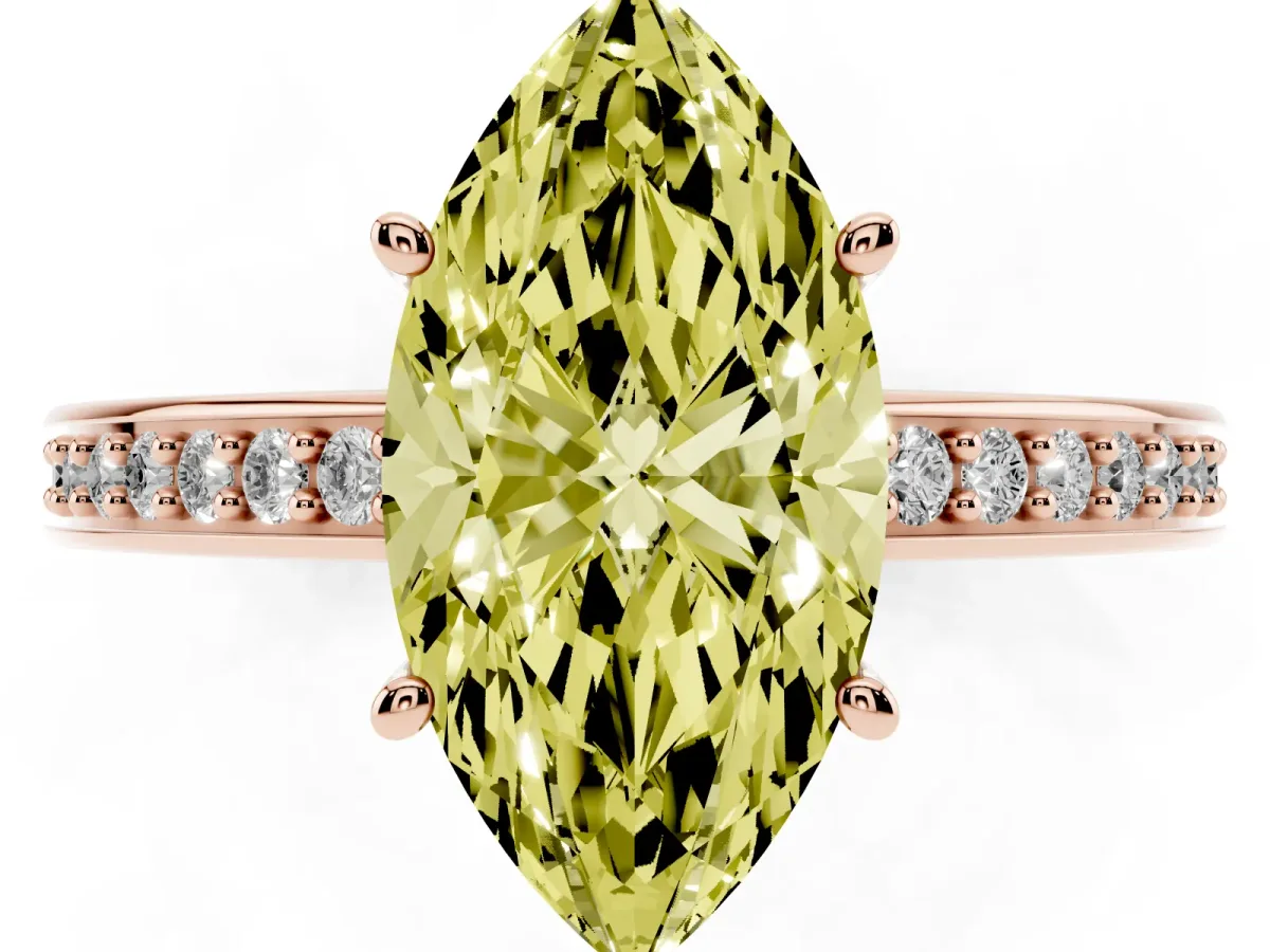 Fancy Yellow Marquise Cut Solitaire Pavé Band Prong Setting Ring Rose gold