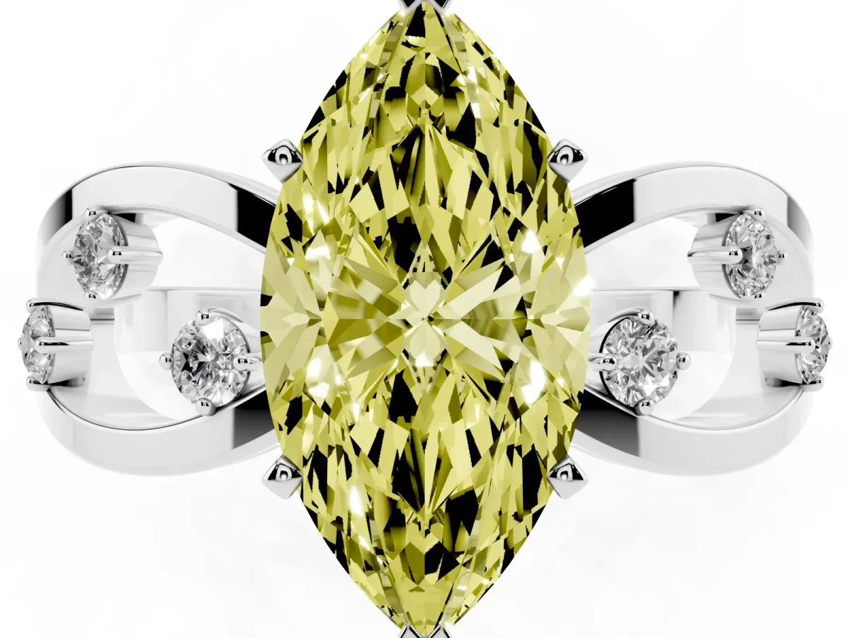 Fancy Yellow Marquise Cut Cut Solitaire Diamond with Side Stones on Criss-Cross Band and Four-Prong Setting Platinum