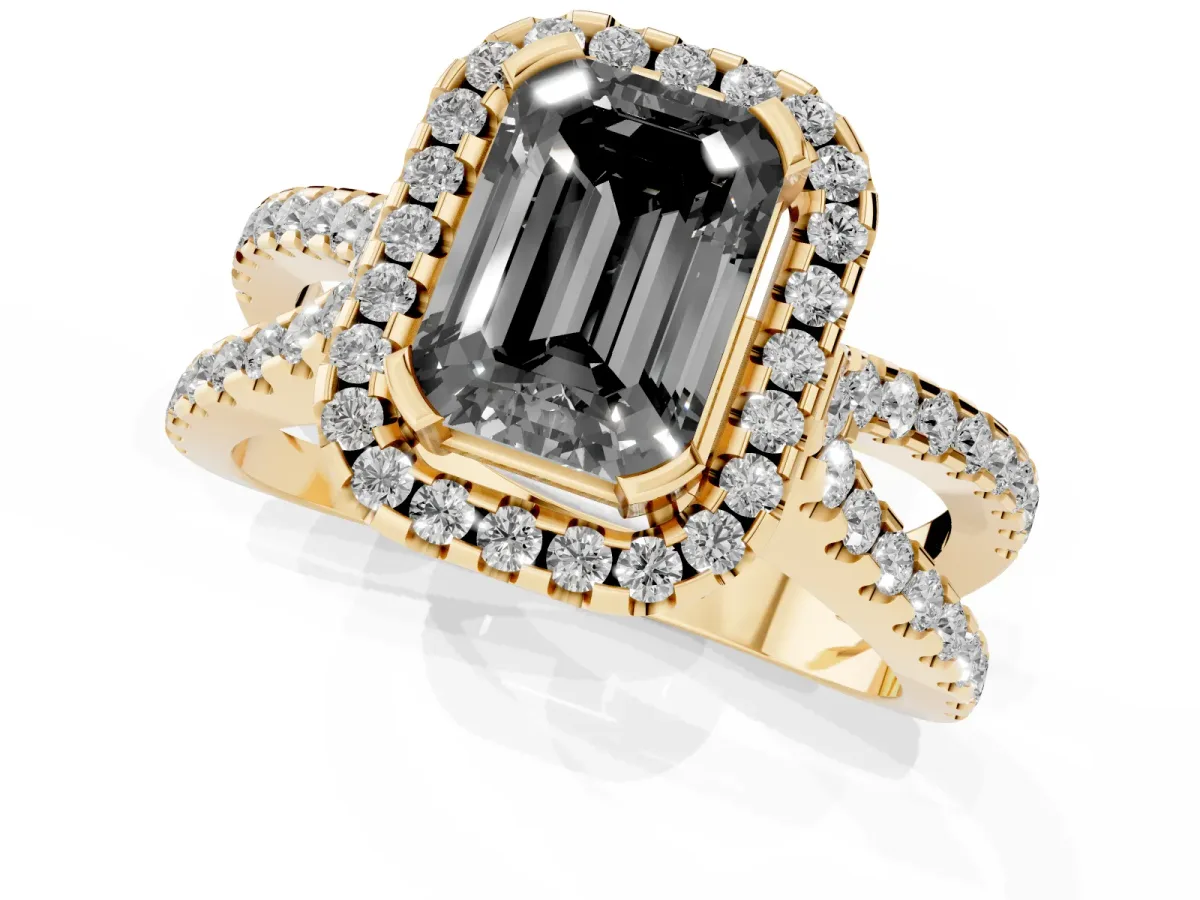 Fancy Black Emerald Cut Diamond Halo Ring with Split Shank Pavé Band and Prong Setting Yellow gold