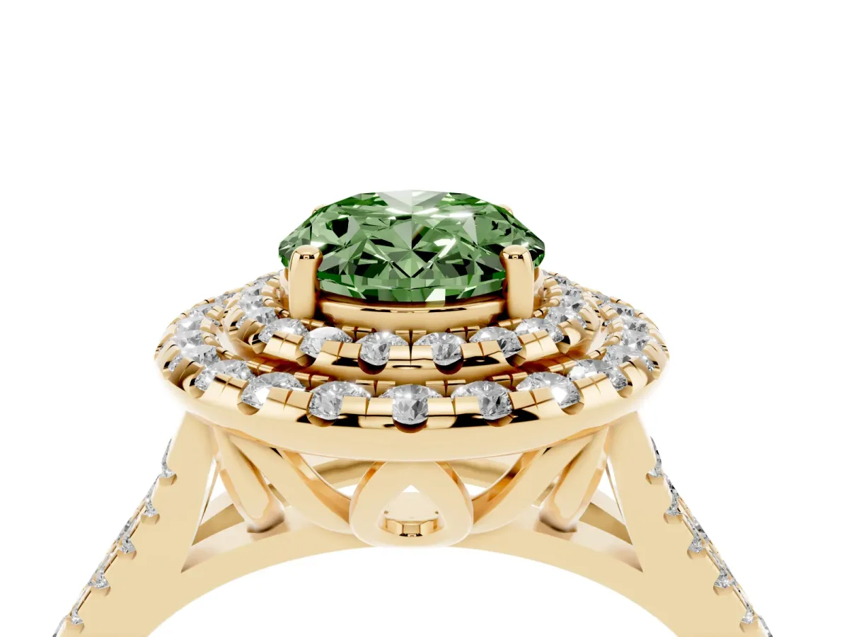 Fancy Green Double Halo Oval Cut Diamond Pavé Split Shank Ring with Prong Setting Yellow gold