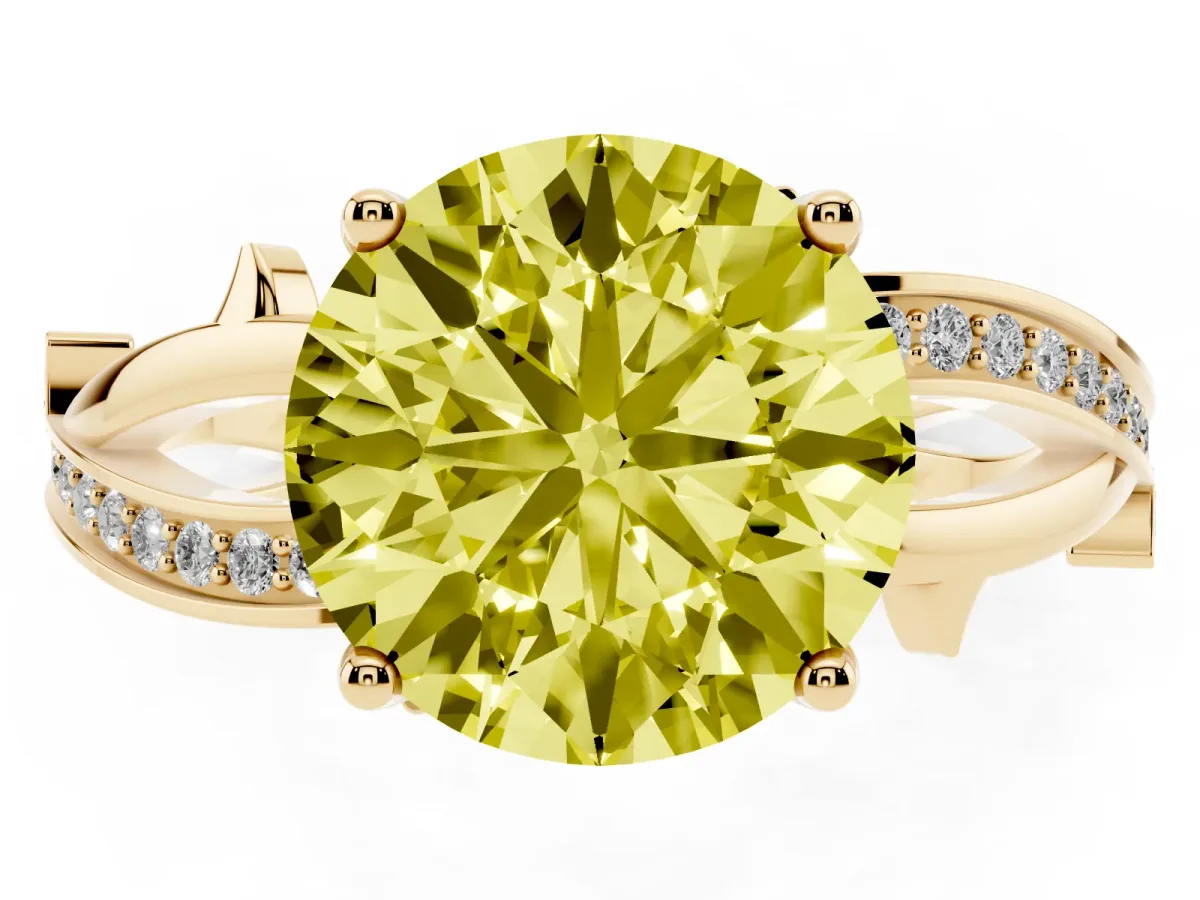 Fancy Yellow Round Cut Solitaire Twist Band with Pavé Accents and Four-Prong Setting Yellow gold