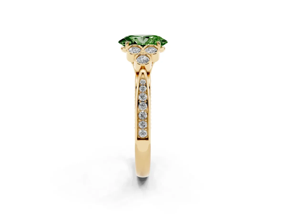Fancy Green Oval Cut Cut Diamond Engagement Ring with Bezel Set Round Side Stones and Prong Setting Yellow gold