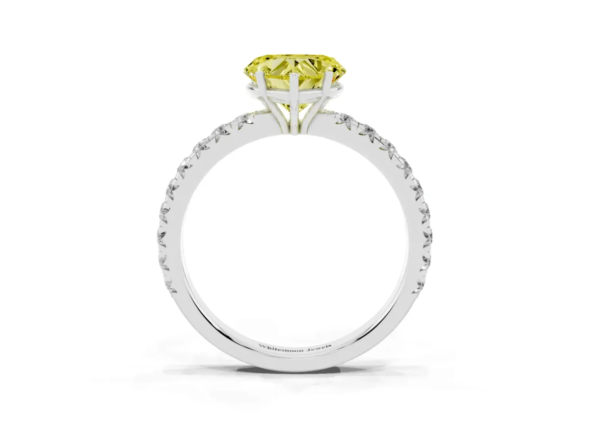 Fancy Yellow Heart Cut Diamond Pavé Solitaire Engagement Ring with Four-Prong Setting Silver