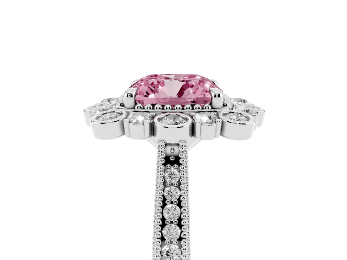 Fancy Pink Cushion Cut Halo Milgrain Pave Diamond Ring with Four-Prong Setting Silver