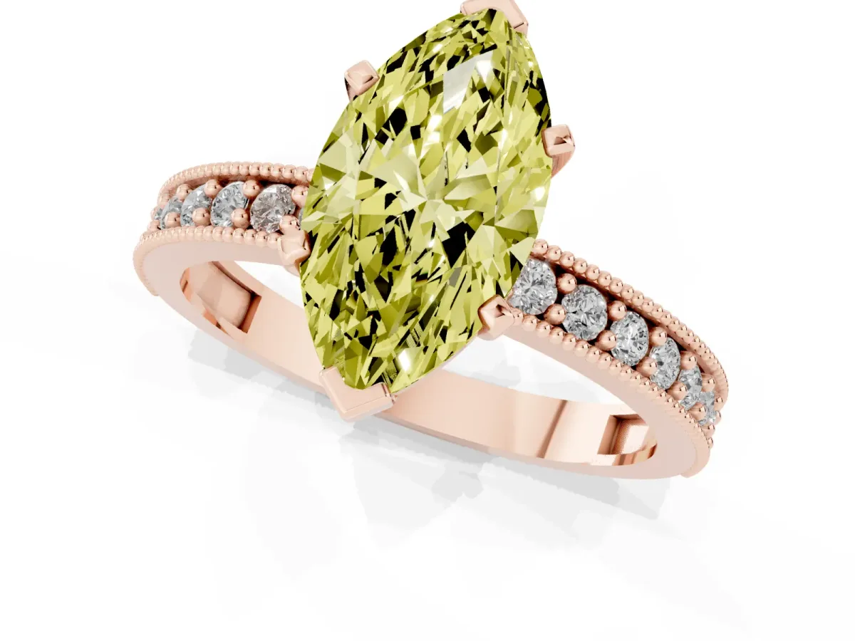 Fancy Yellow Marquise Cut Diamond Milgrain Pavé Engagement Ring with Four-Prong Setting Rose gold