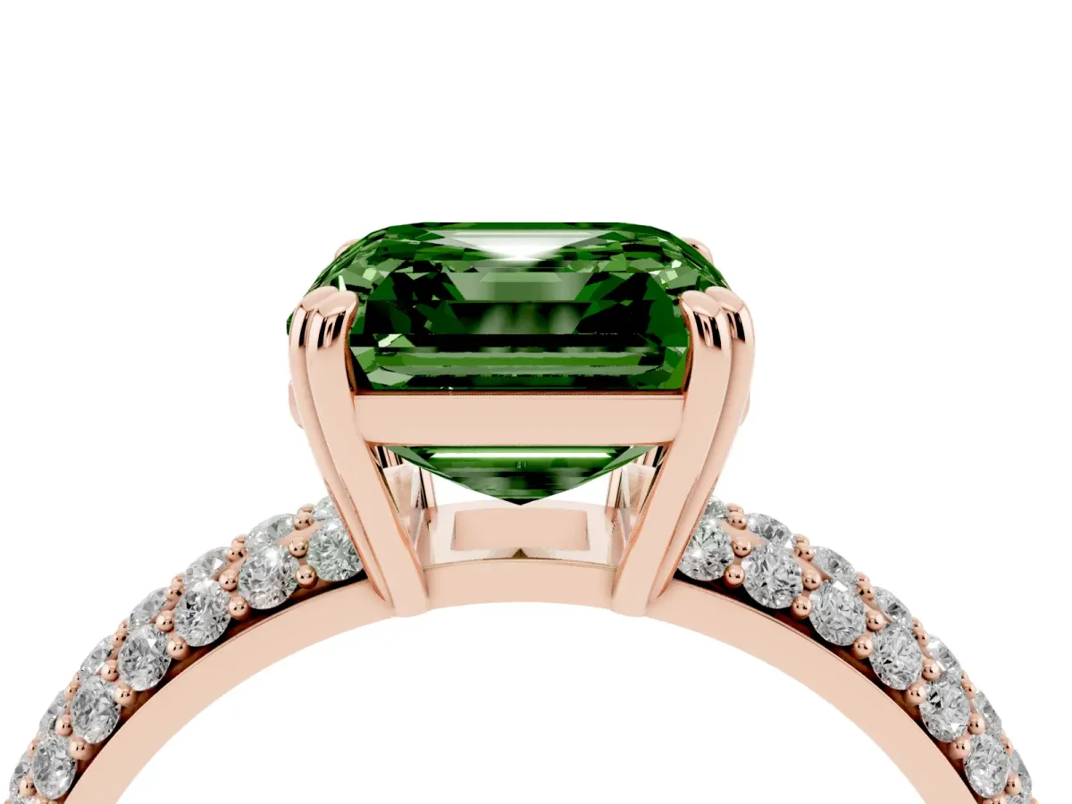 Fancy Green Asscher Cut Diamond Solitaire Ring with Multi-Row Round Pavé Band and Prong Setting Rose gold