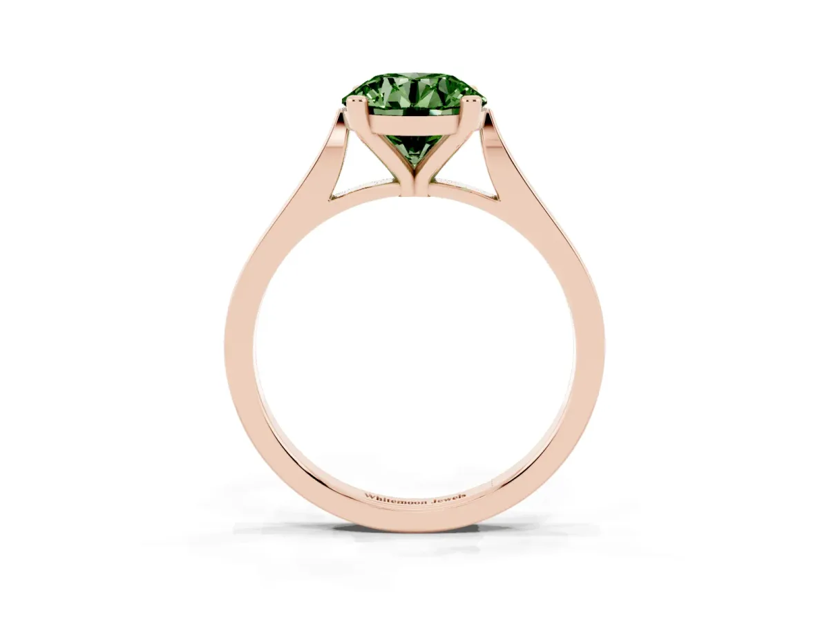 Fancy Green Round Cut Solitaire Diamond Ring with Four-Prong Setting and Tapered Band Rose gold