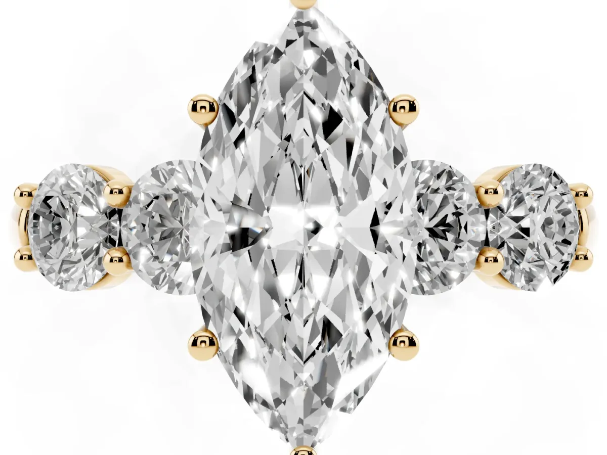 Marquise Cut Cut Five-Stone Prong Set Diamond Ring with Classic Band Yellow gold