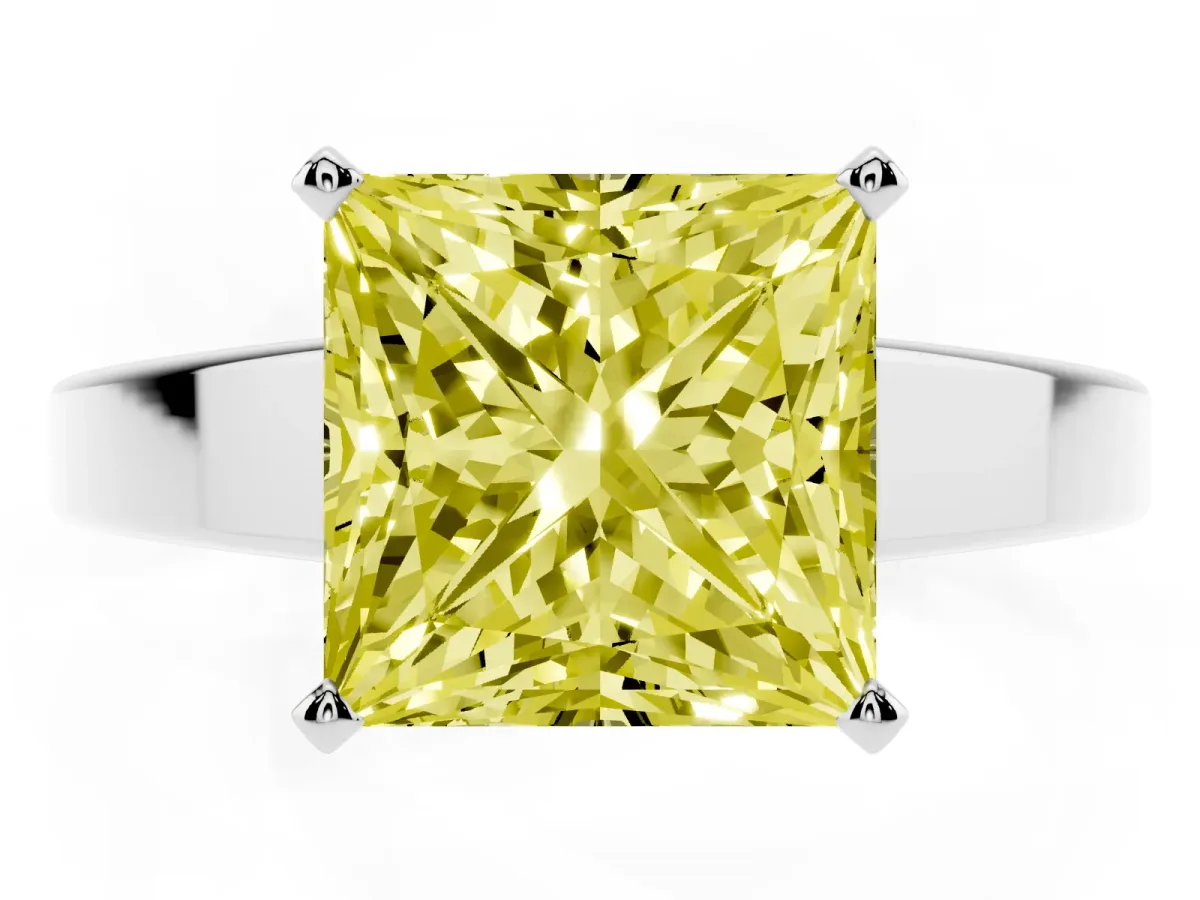 Fancy Yellow Princess Cut Solitaire Engagement Ring with Four-Prong Setting and Tapered Band Platinum