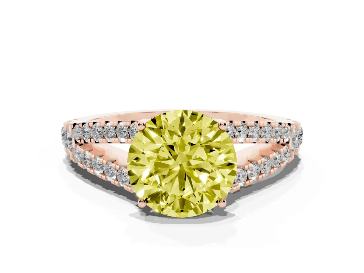 Fancy Yellow Round Cut Diamond Split Shank Pavé Engagement Ring with Four-Prong Setting Rose gold