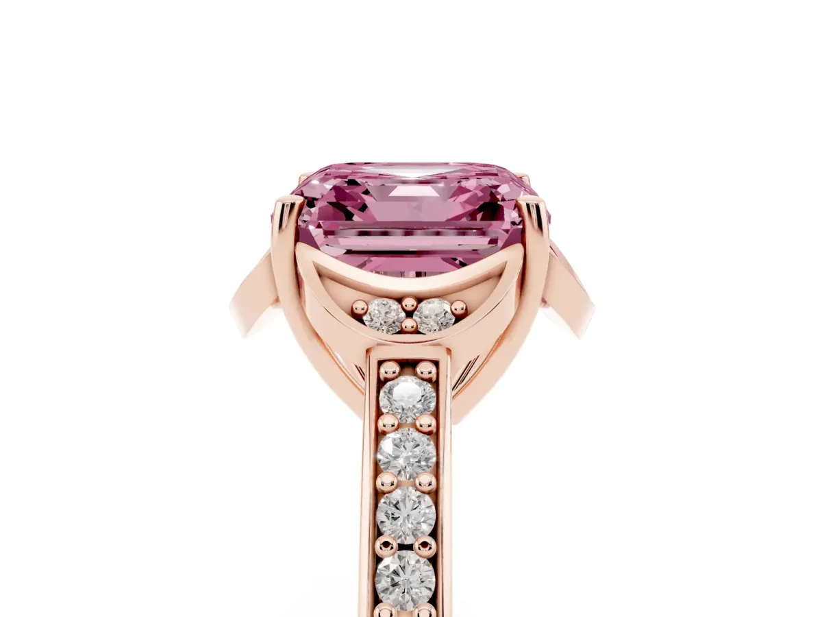Fancy Pink Asscher Cut Cut Halo Diamond Ring with Channel Set Band and Four-Prong Setting Rose gold