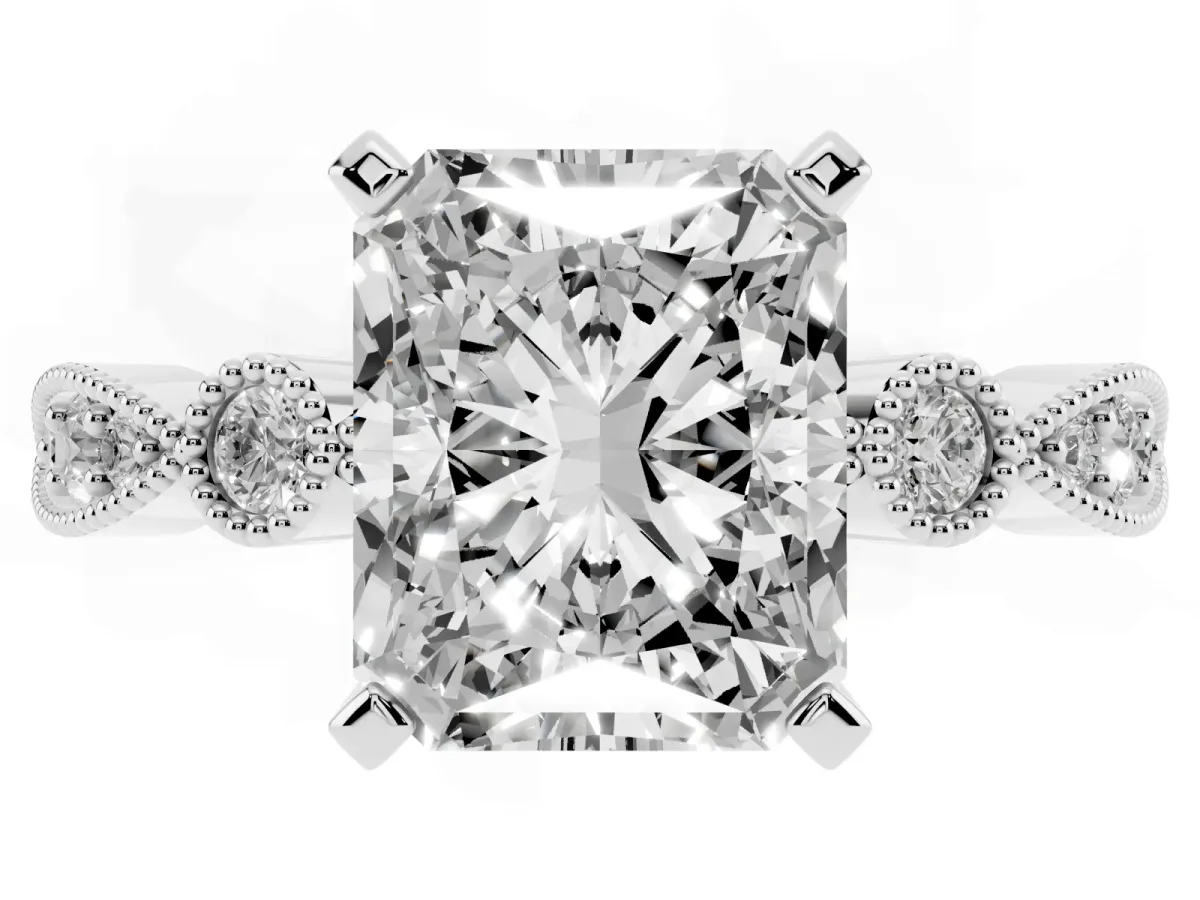 Radiant Cut Milgrain Bezel Diamond Engagement Ring with Solitaire Prong Setting Silver