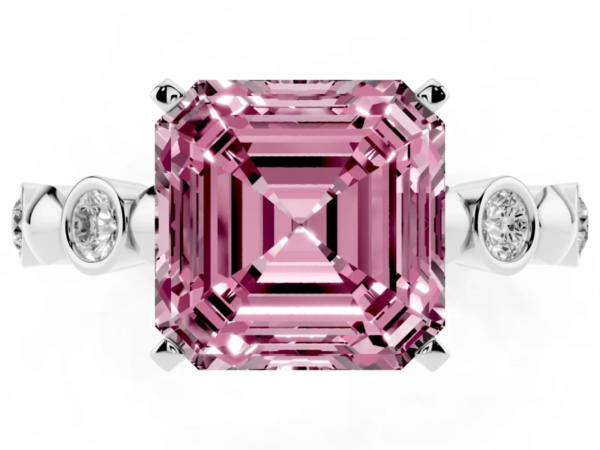 Fancy Pink Asscher Cut Solitaire Bezel-Set Diamond Ring with Beaded Band and Four-Prong Setting Silver