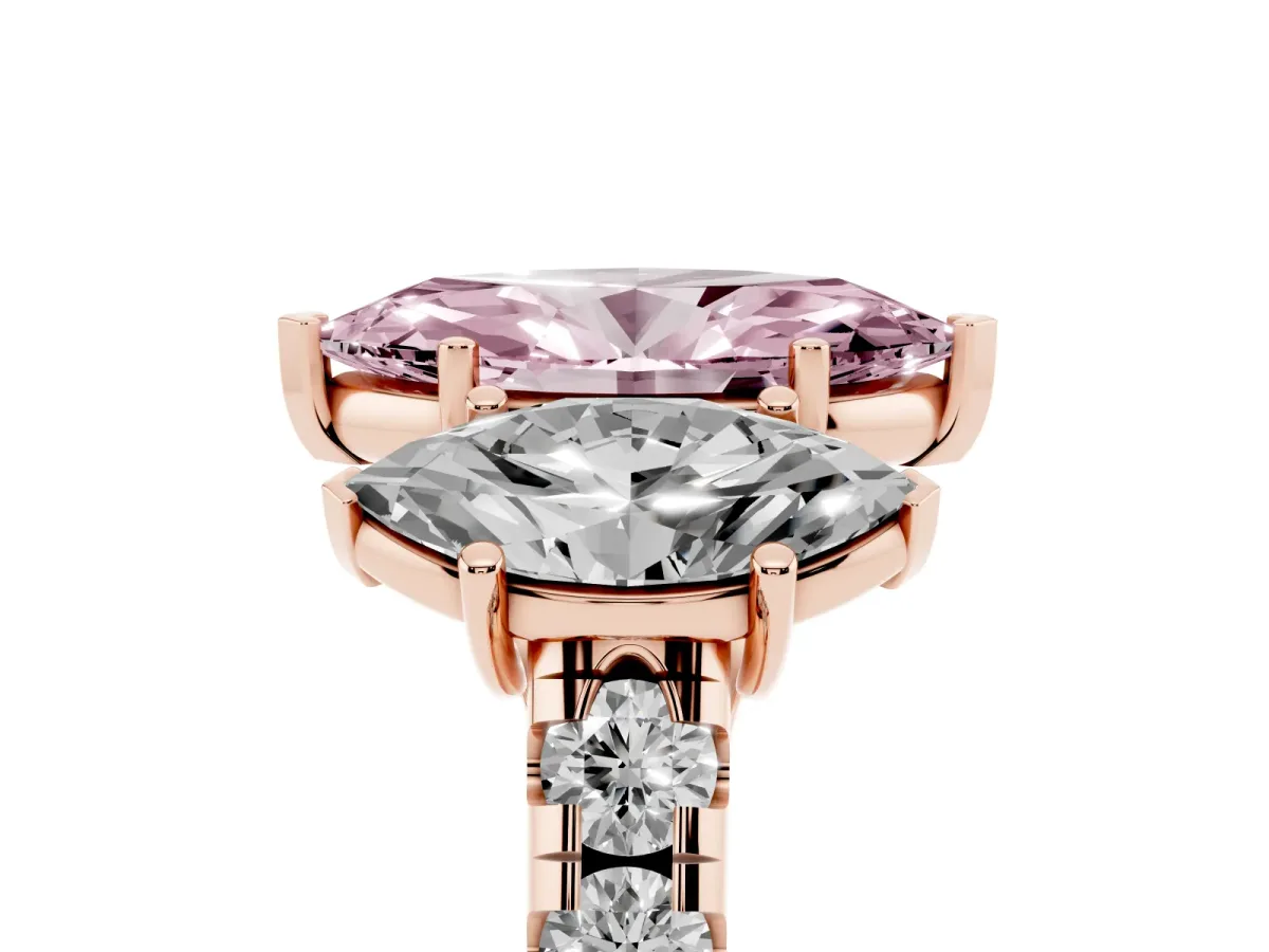 Fancy Pink Three-Stone Marquise Cut Diamond Pavé Band with Prong Setting Rose gold