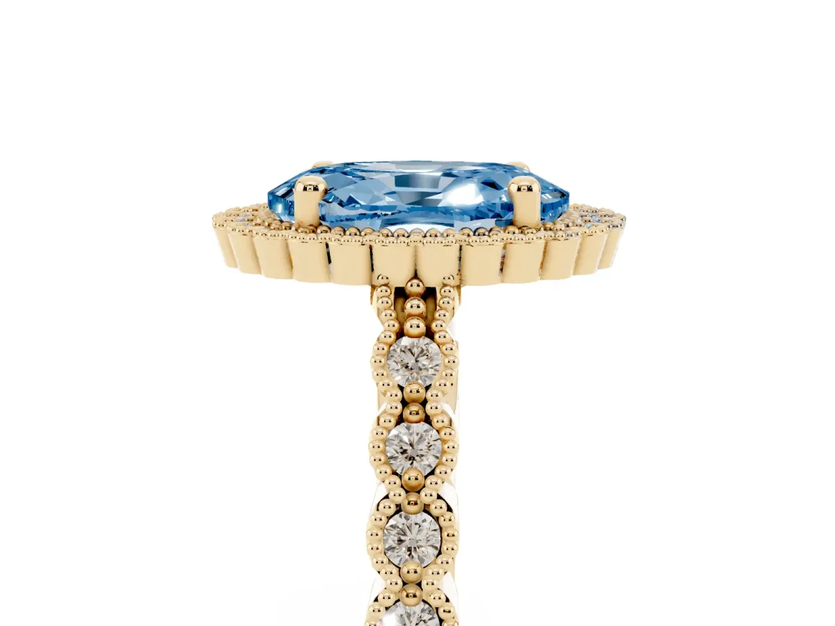Fancy Blue Oval Cut Cut Halo Pavé Solitaire Ring with Milgrain Band Yellow gold