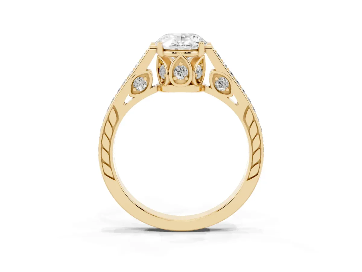 Oval Cut Cut Cathedral Pave Diamond Engagement Ring with Six-Prong Setting Yellow gold