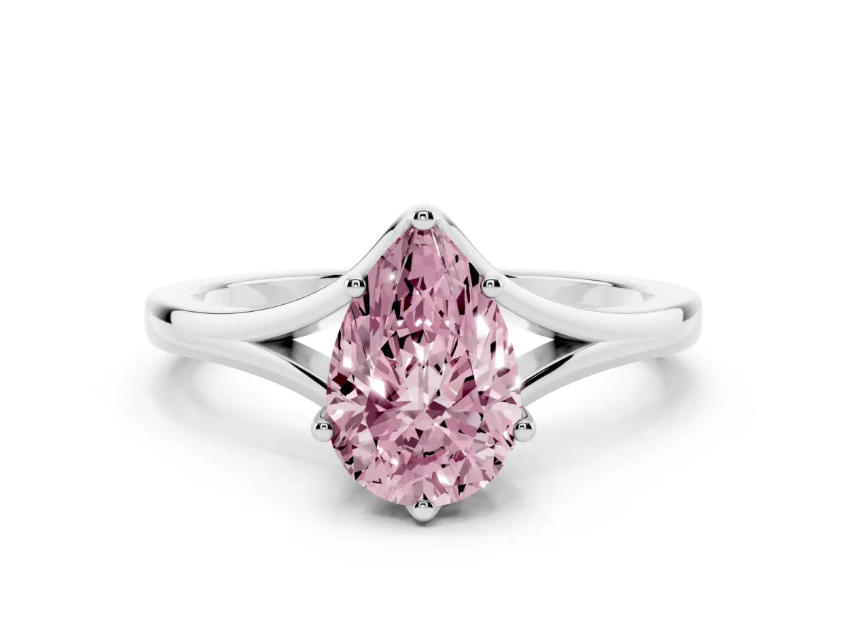 Fancy Pink Pear Cut Solitaire Diamond Ring with Six-Prong Setting and Tapered Band Silver
