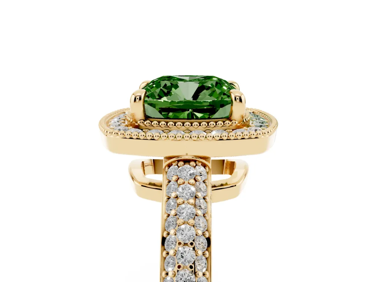 Fancy Green Cushion Cut Cut Halo Diamond Pave Band with Four-Prong Setting Yellow gold