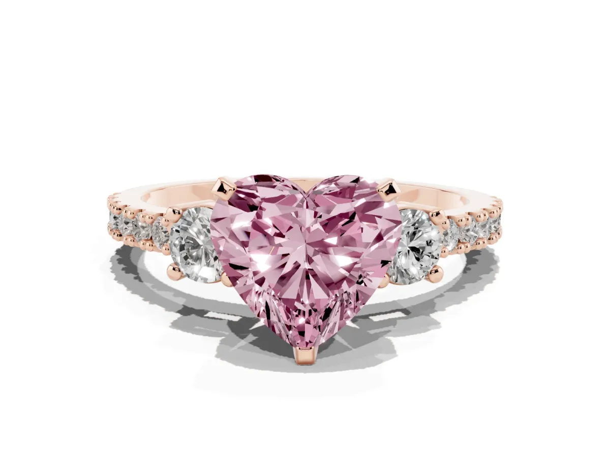 Fancy Pink Heart Cut Three-Stone Diamond Pavé Band with Prong Setting Rose gold