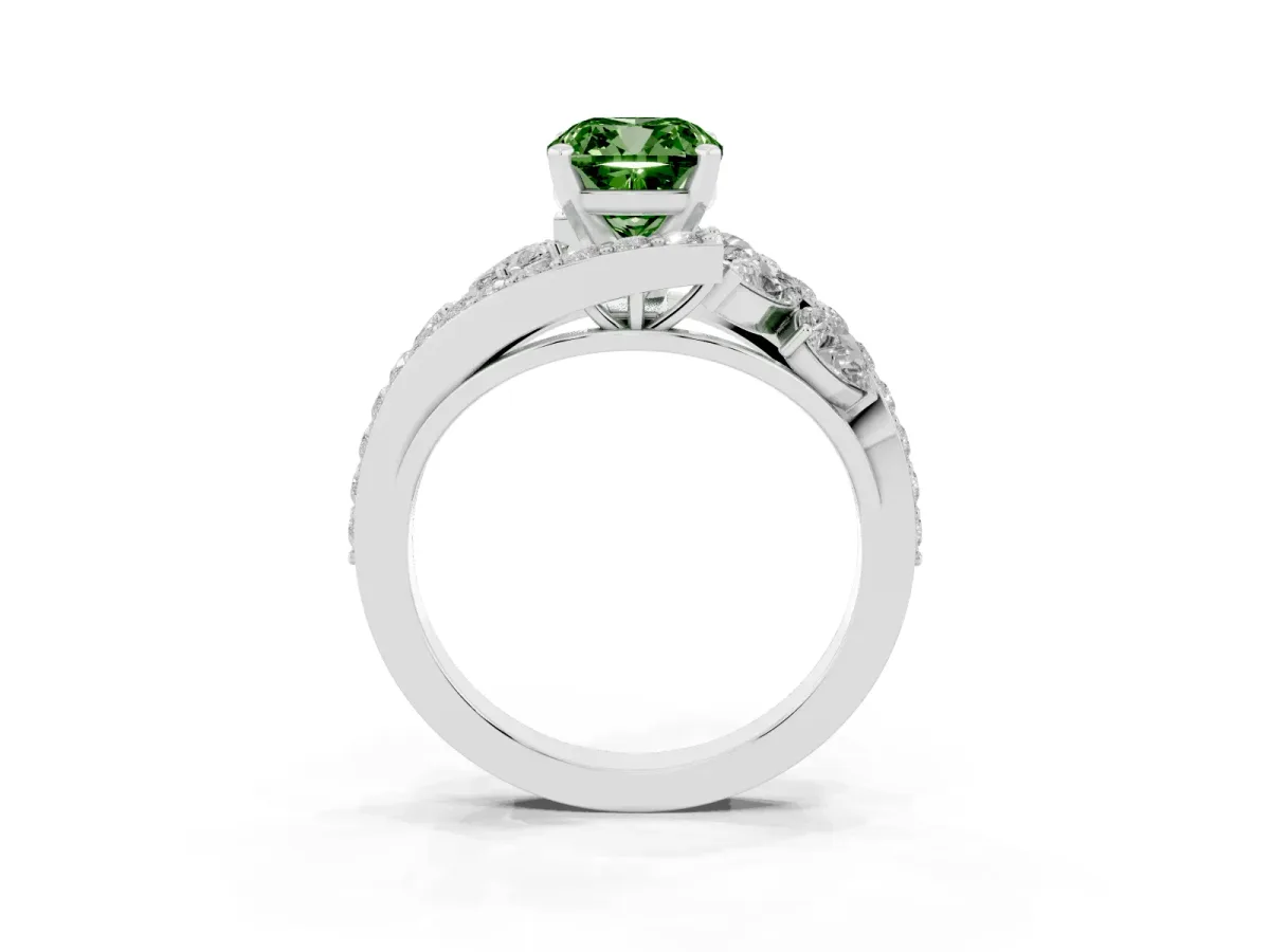 Fancy Green Cushion Cut Diamond Halo Ring with Marquise and Pavé Band in Prong Setting Silver