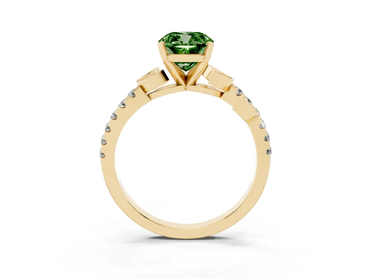 Fancy Green Cushion Cut Solitaire Leaf-Inspired Diamond Ring with Pavé Band and Four-Prong Setting Yellow gold