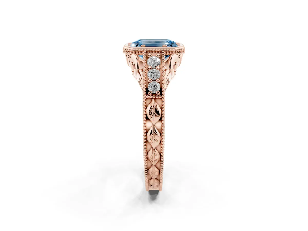 Fancy Blue Bezel Set Emerald Cut Diamond Milgrain Pave Engagement Ring Rose gold